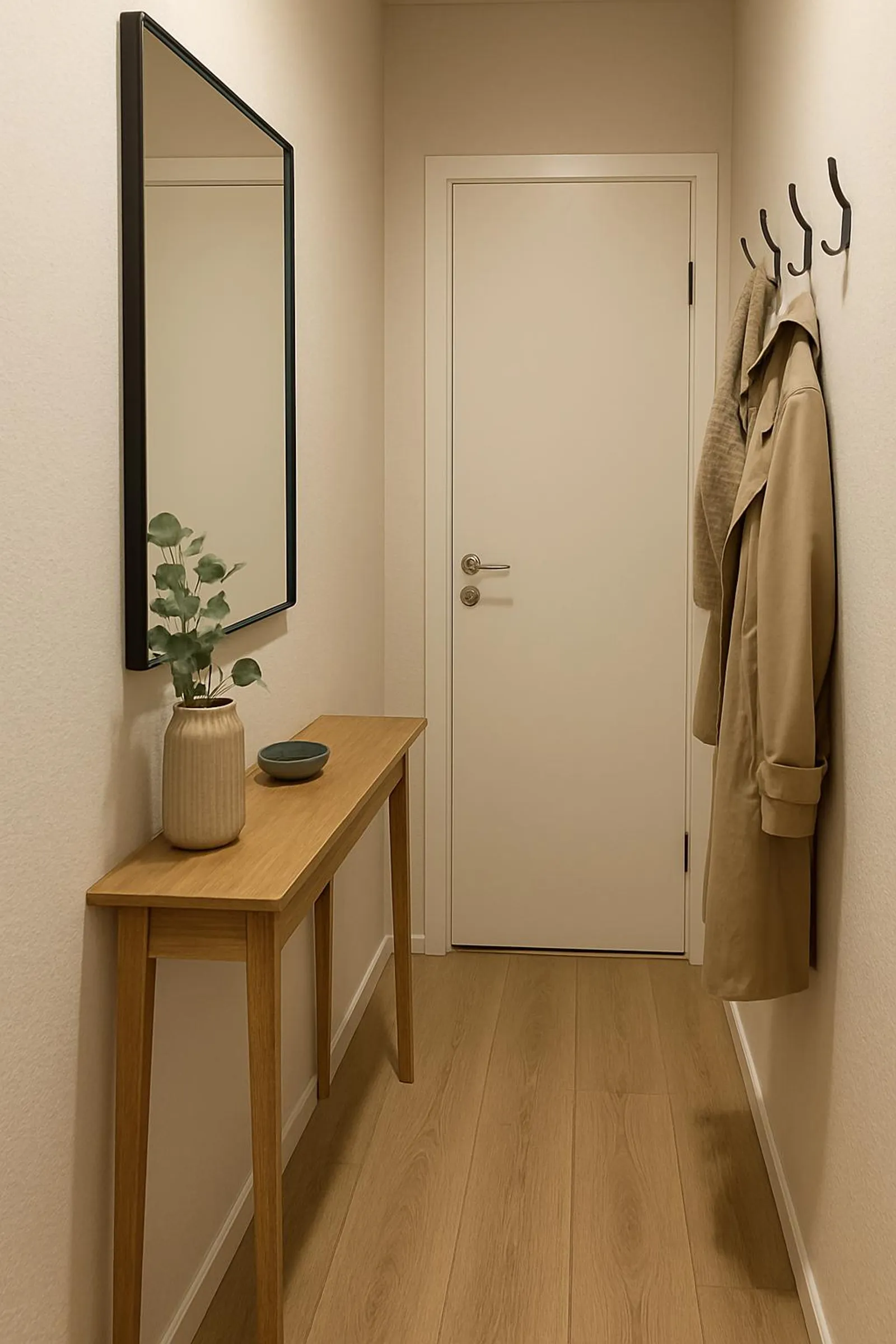 Slim hallway with a narrow console table, mirror, and hooks, optimized for small space