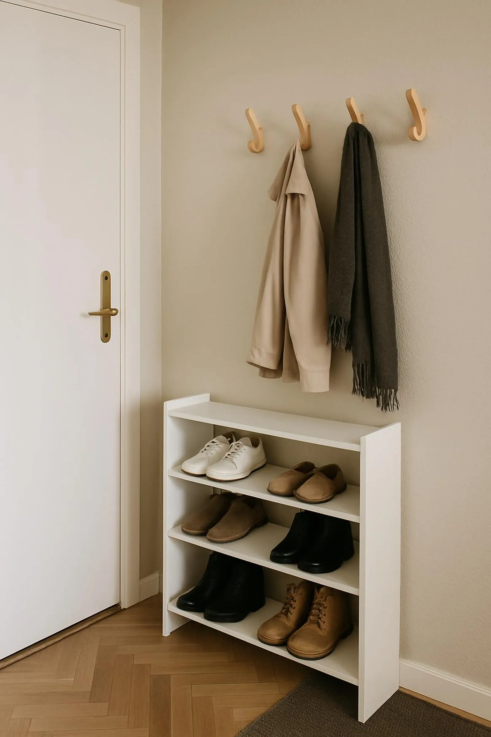 Slim shoe rack and simple wall hooks by a small entryway