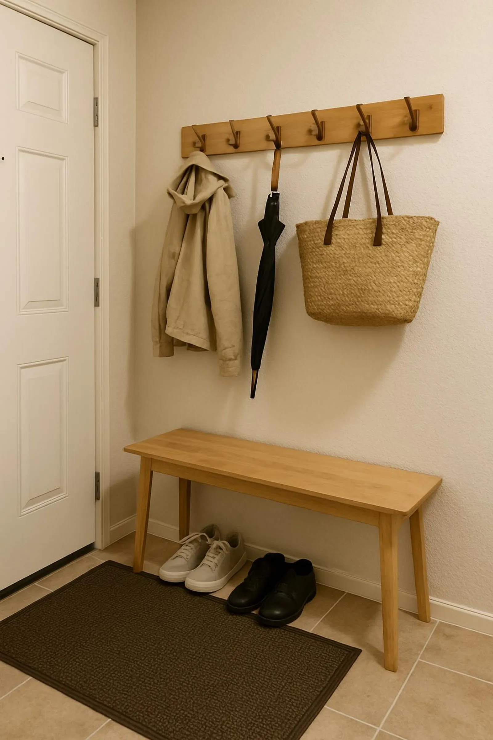 Small apartment entry created with a mat, hooks, and a narrow bench