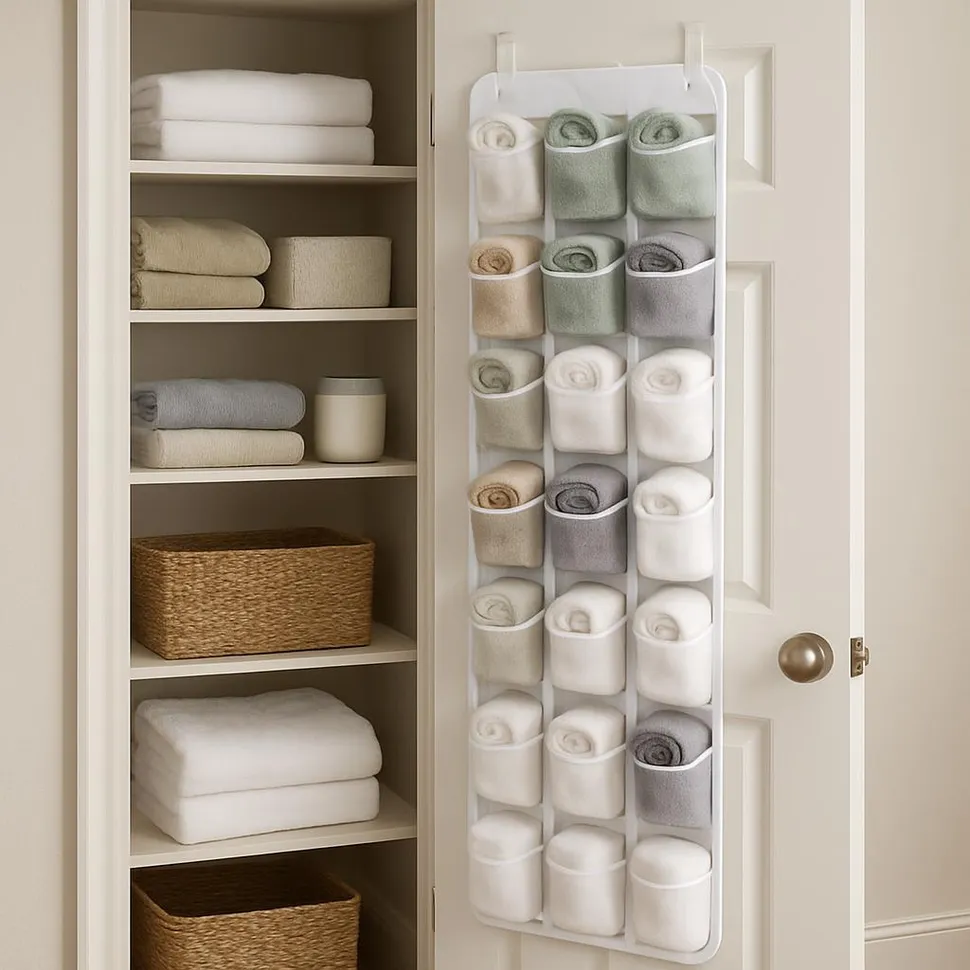 Small linen cupboard with over-the-door organizer for washcloths