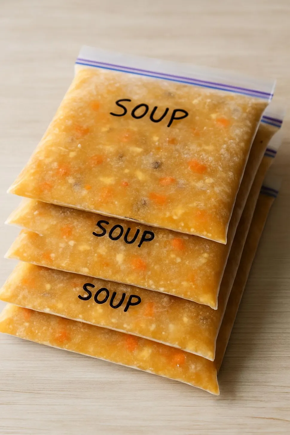 Soup frozen flat in bags, stacked like files