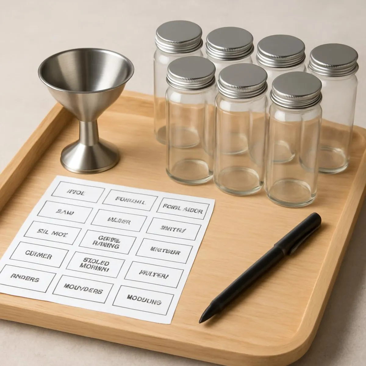 Spice decanting station: tray, funnel, labels, pen, and clean jars