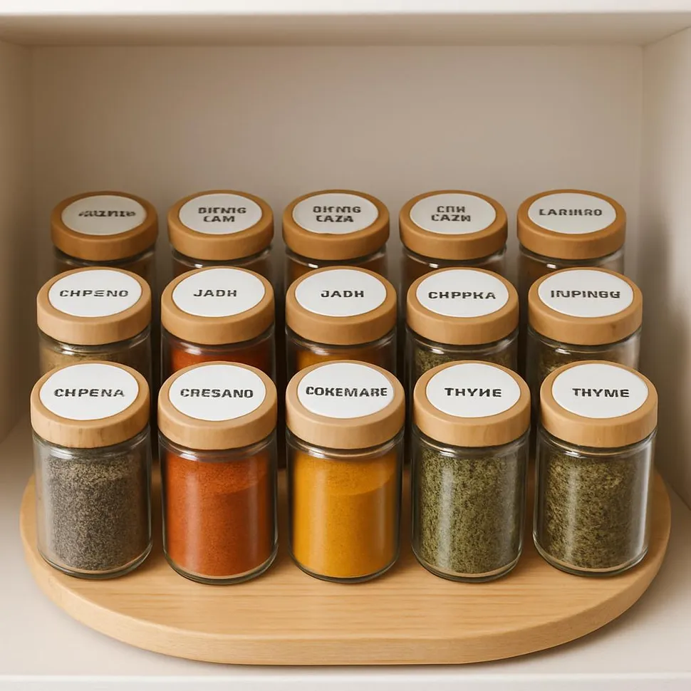 Spice pantry after: uniform jars, labeled tops, neat turntable