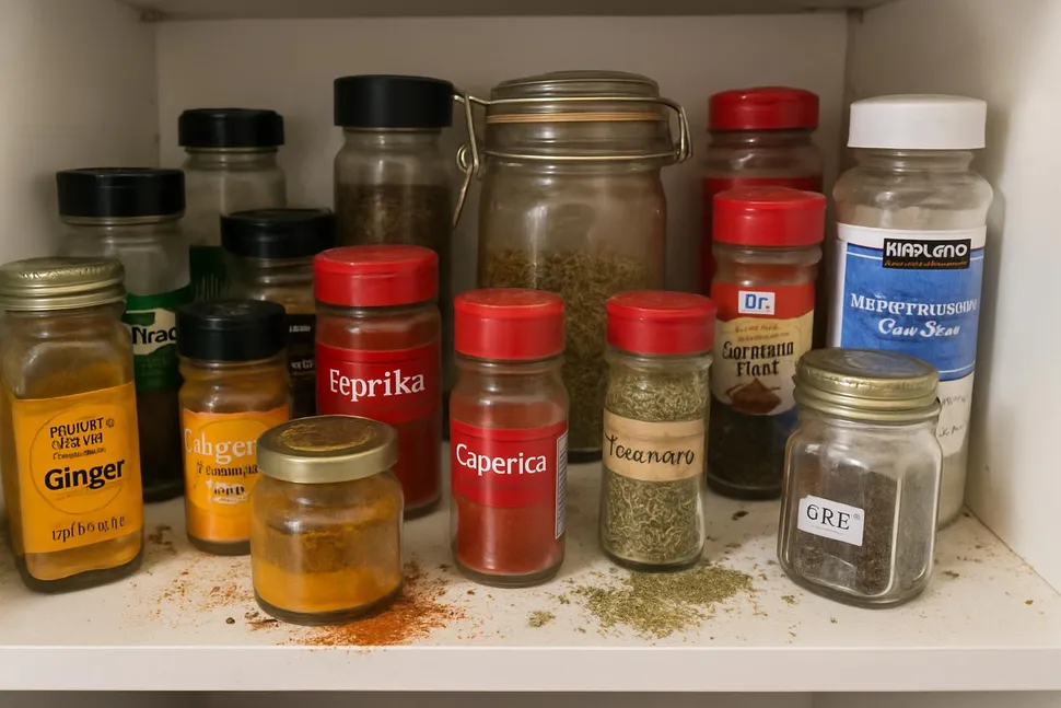 Spice pantry before: mismatched jars, duplicates, and spills