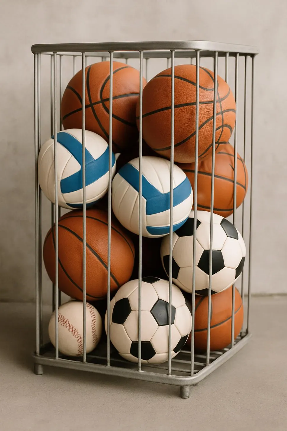 Sports balls stored in a vertical wire bin