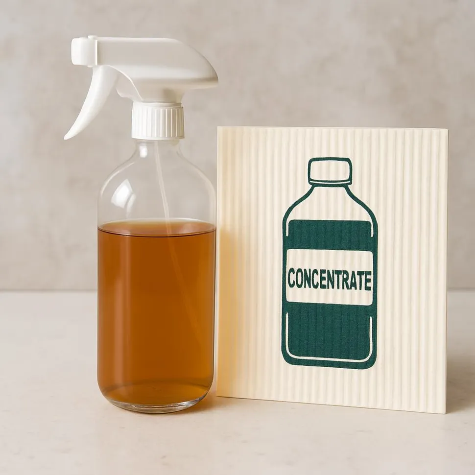Spray bottle and Swedish dishcloth with a concentrate