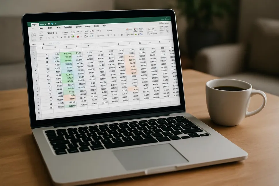 Spreadsheet on a laptop with coffee