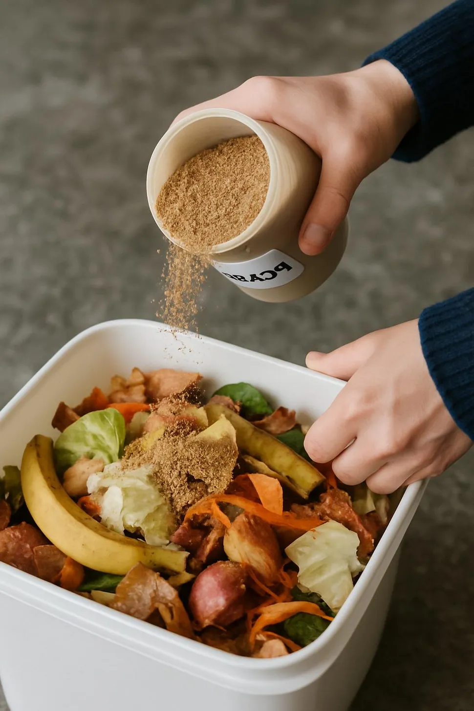 Sprinkling inoculated bokashi bran over food scraps