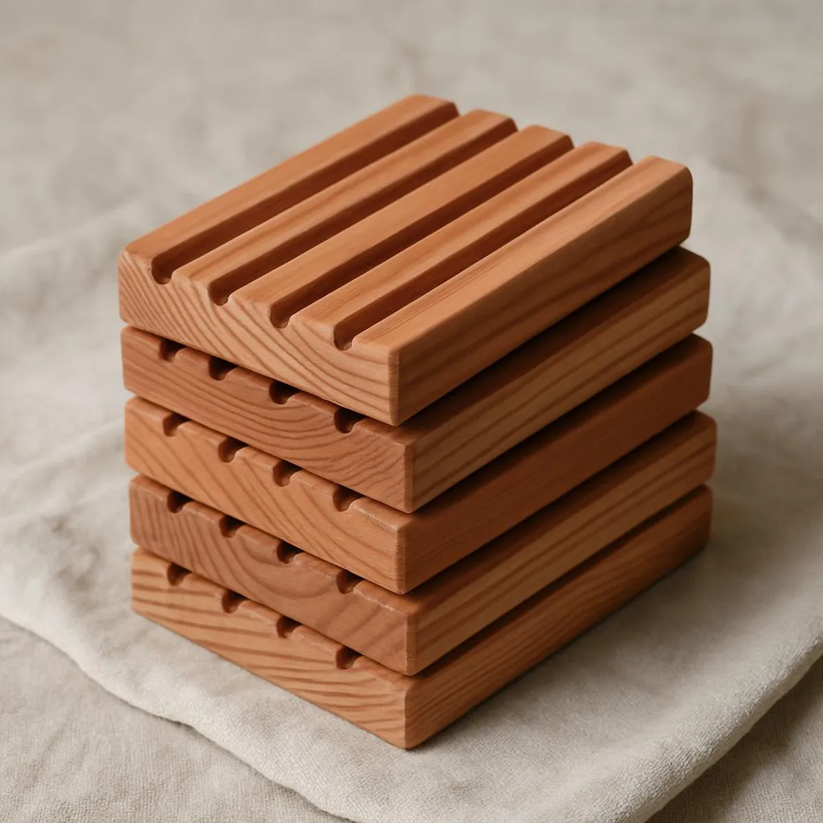 Stack of cedar soap dishes on a linen cloth