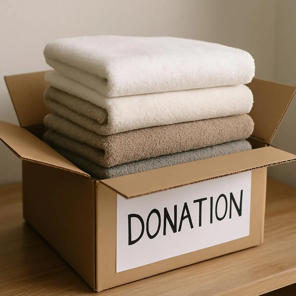 Stack of clean towels packed in a box for donation