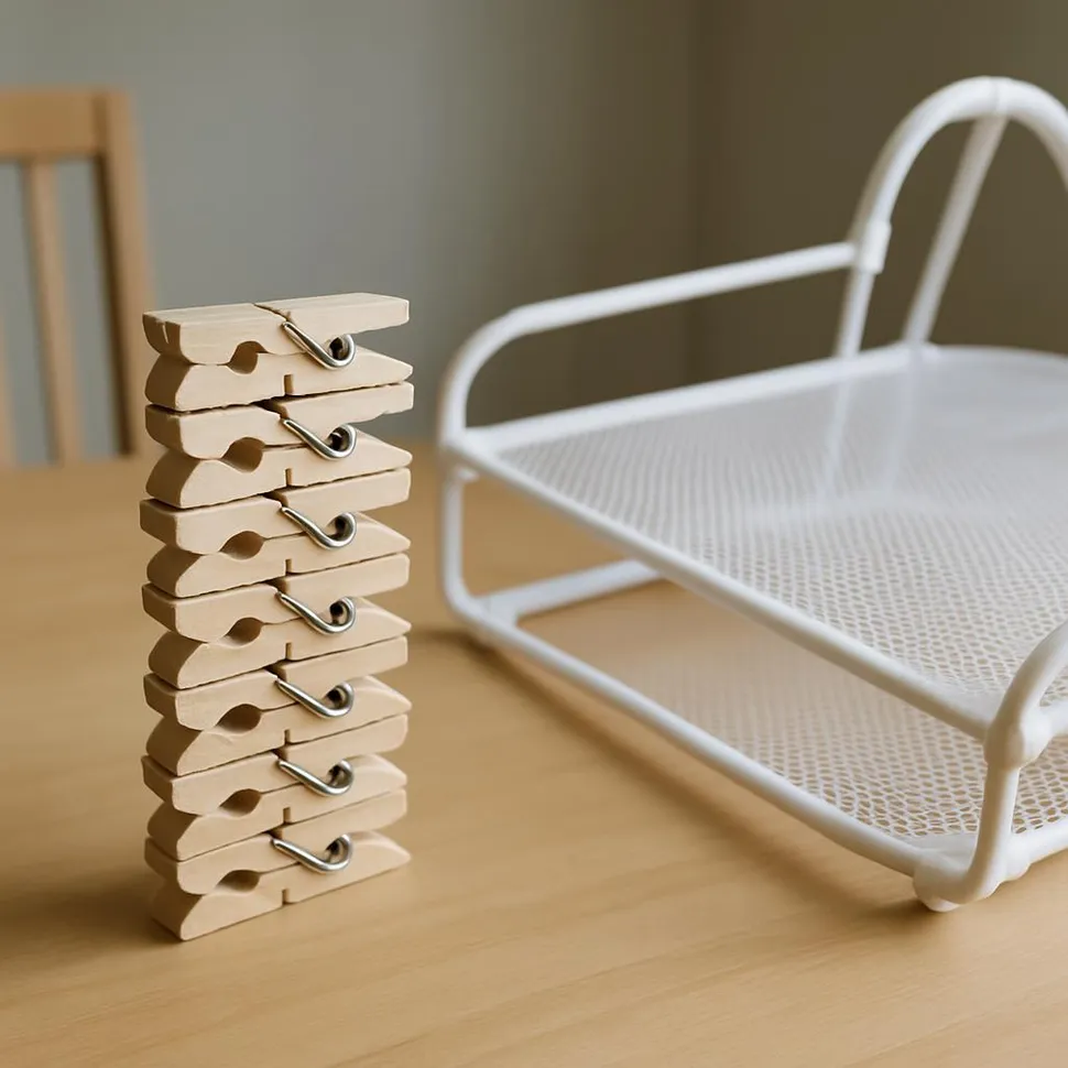 Stack of clothespins and a mesh sweater rack on a table