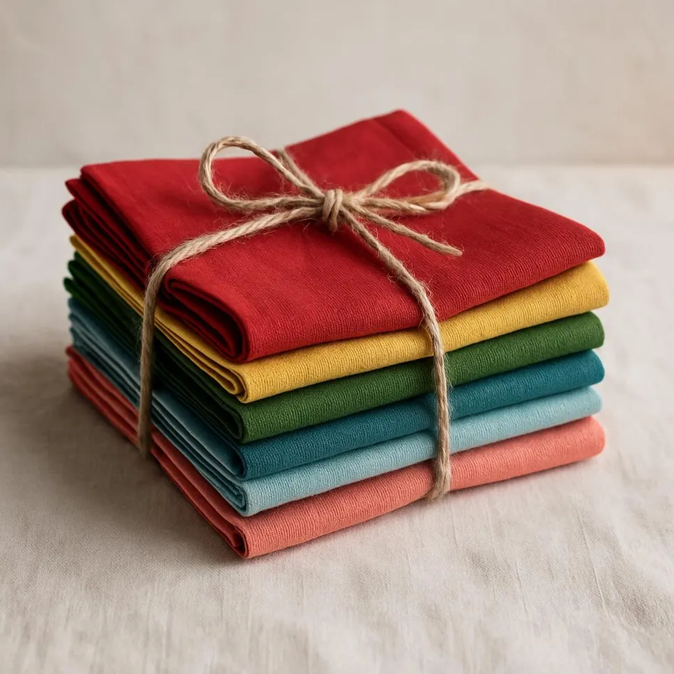 Stack of colorful cloth napkins tied with twine