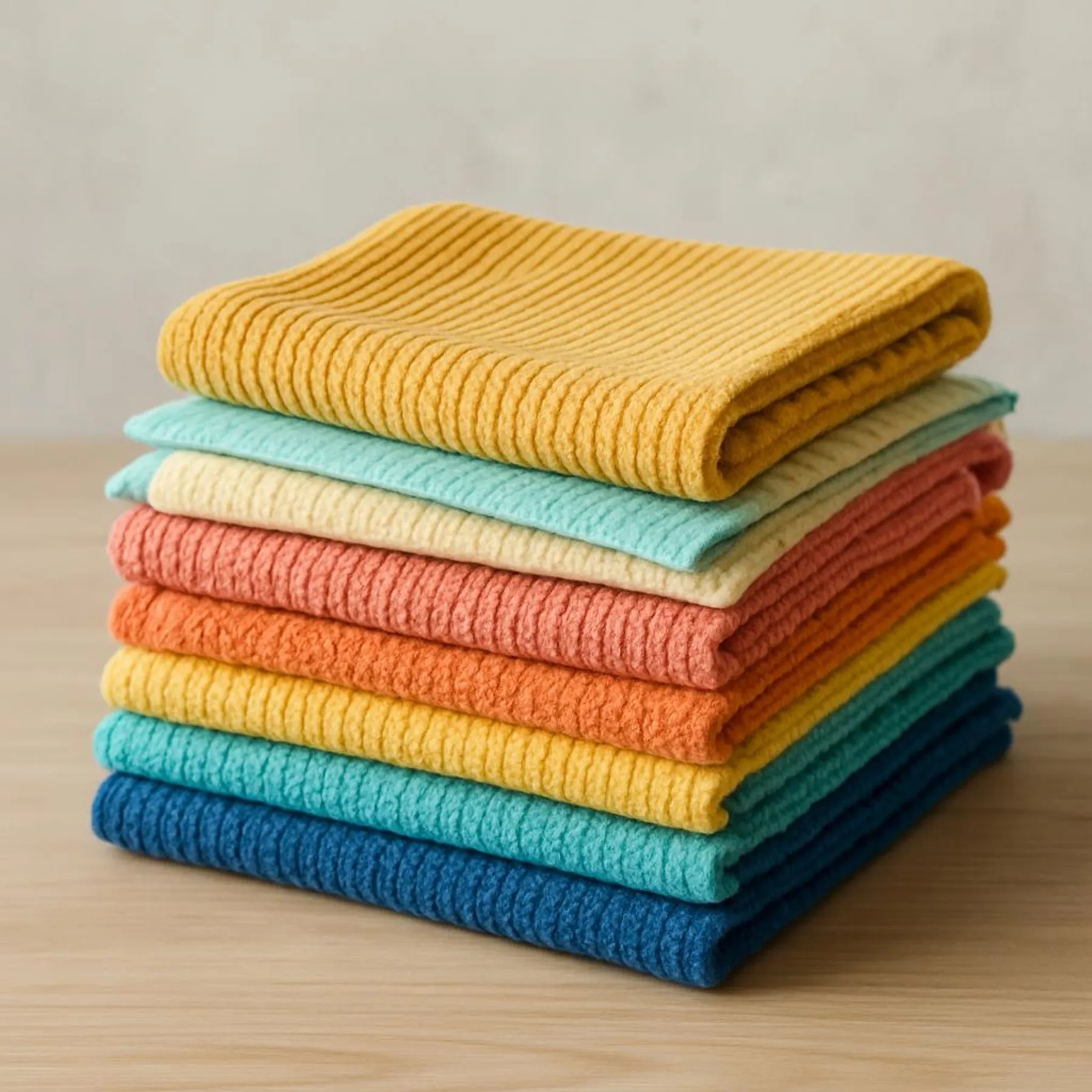 Stack of colorful reusable cloths and Swedish dishcloths folded neatly