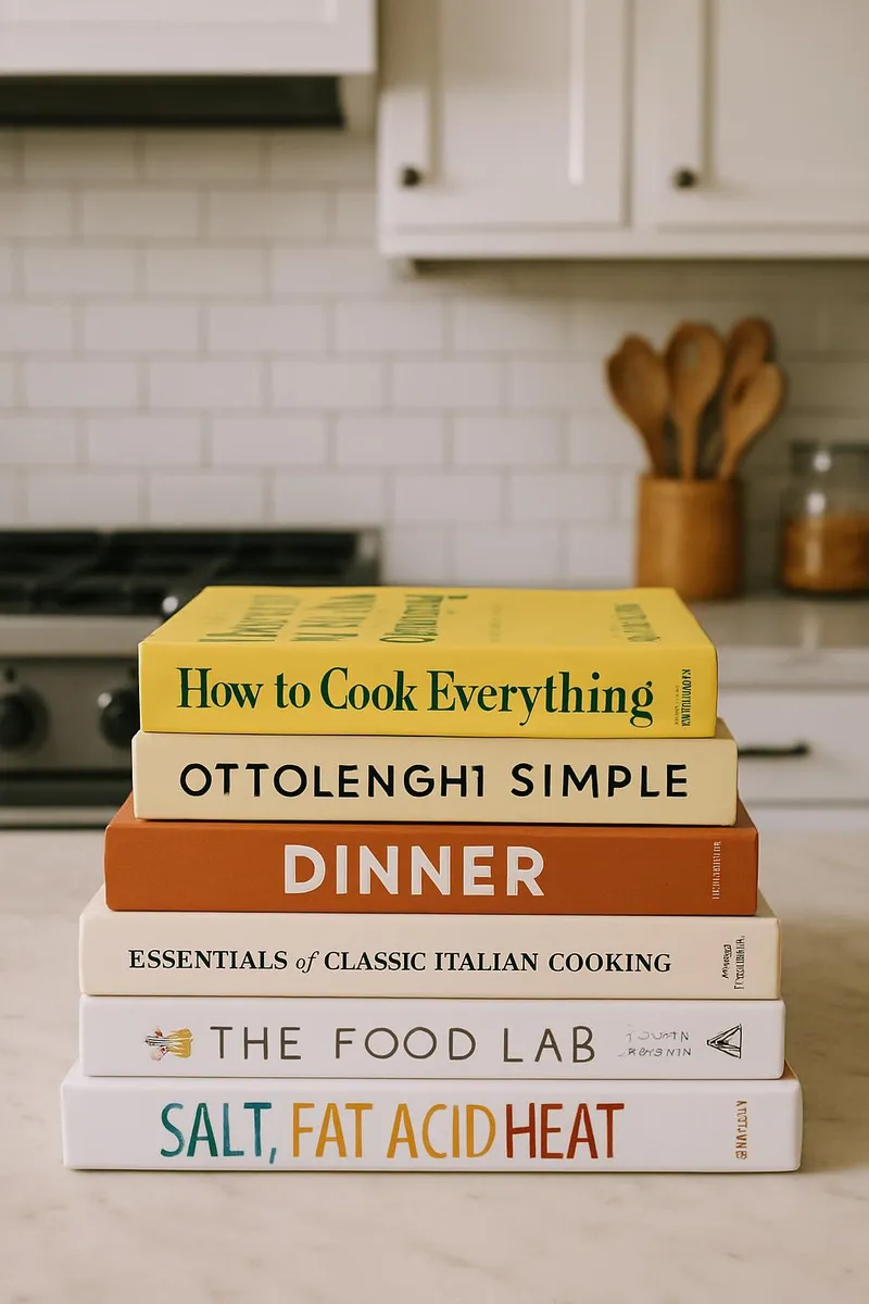 Stack of cookbooks in a kitchen