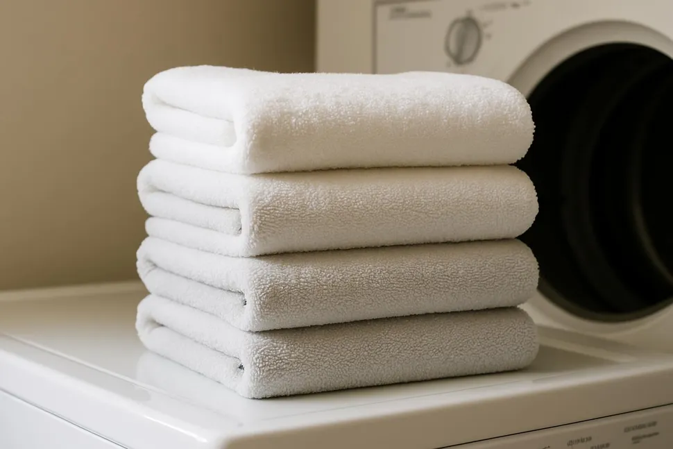 Stack of folded towels from a dryer test