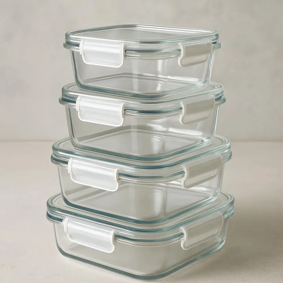 Stack of glass containers with clip lids
