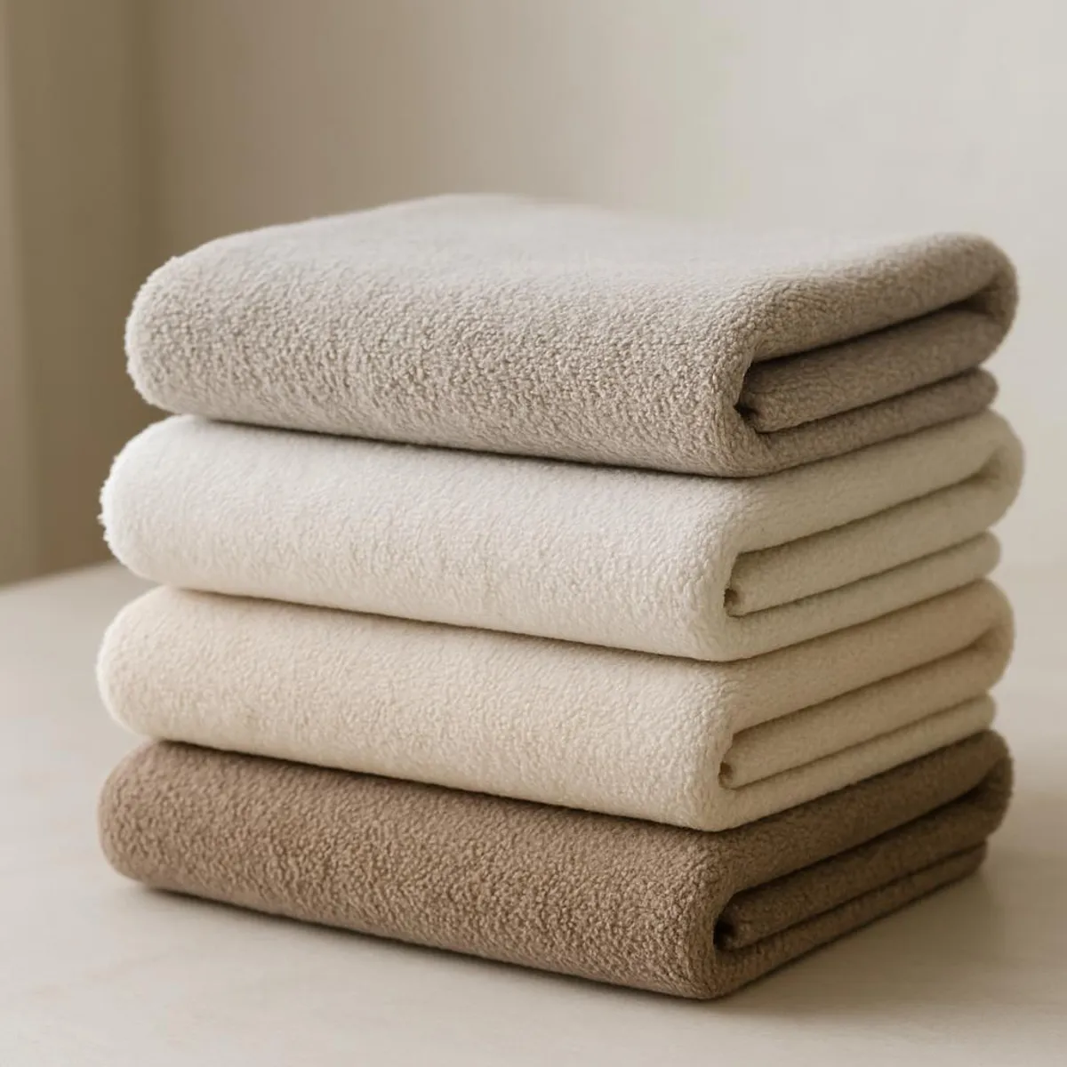 Stack of neatly folded towels in soothing neutral tones