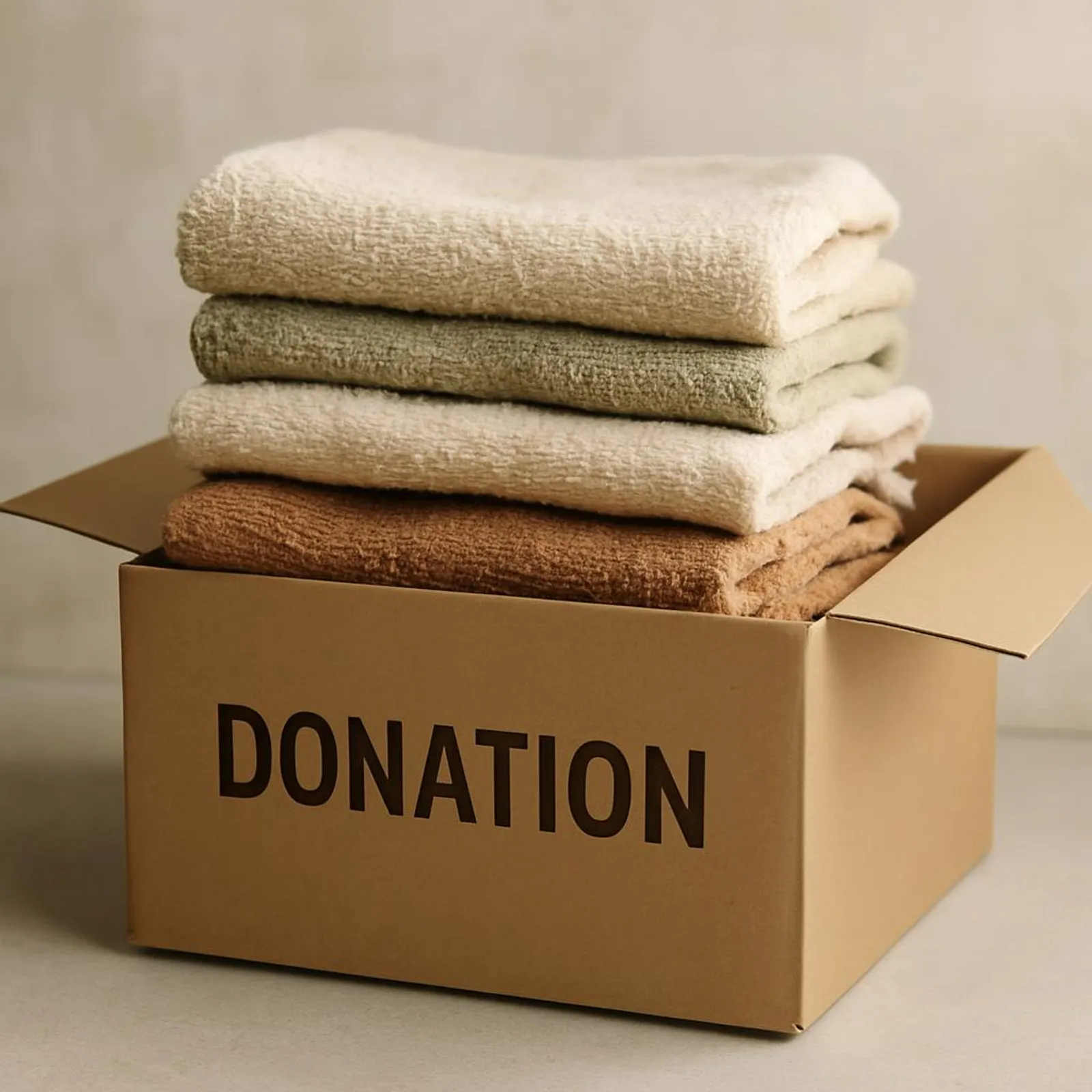 Stack of old towels placed in a donation box