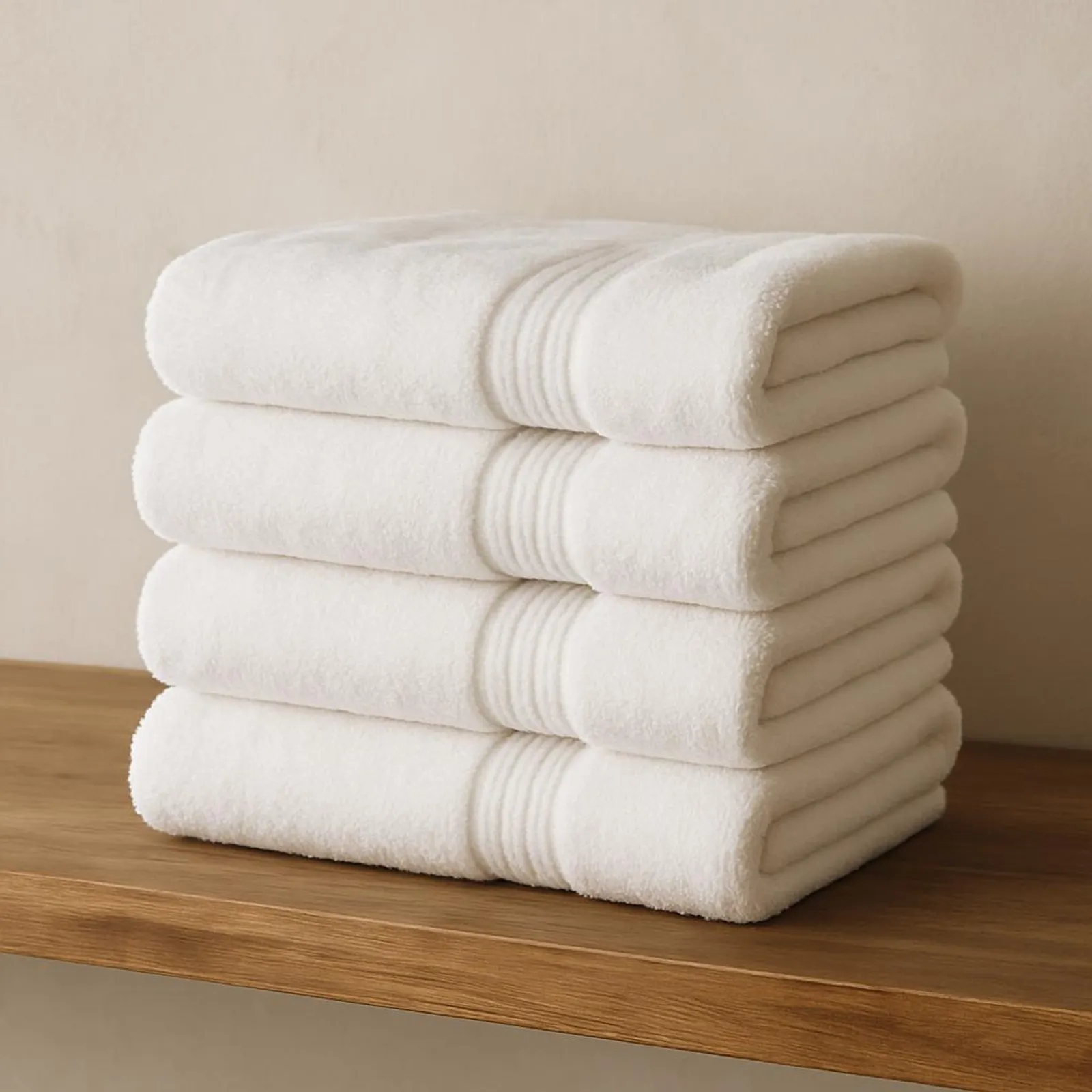 Stack of plush white towels on a wood shelf