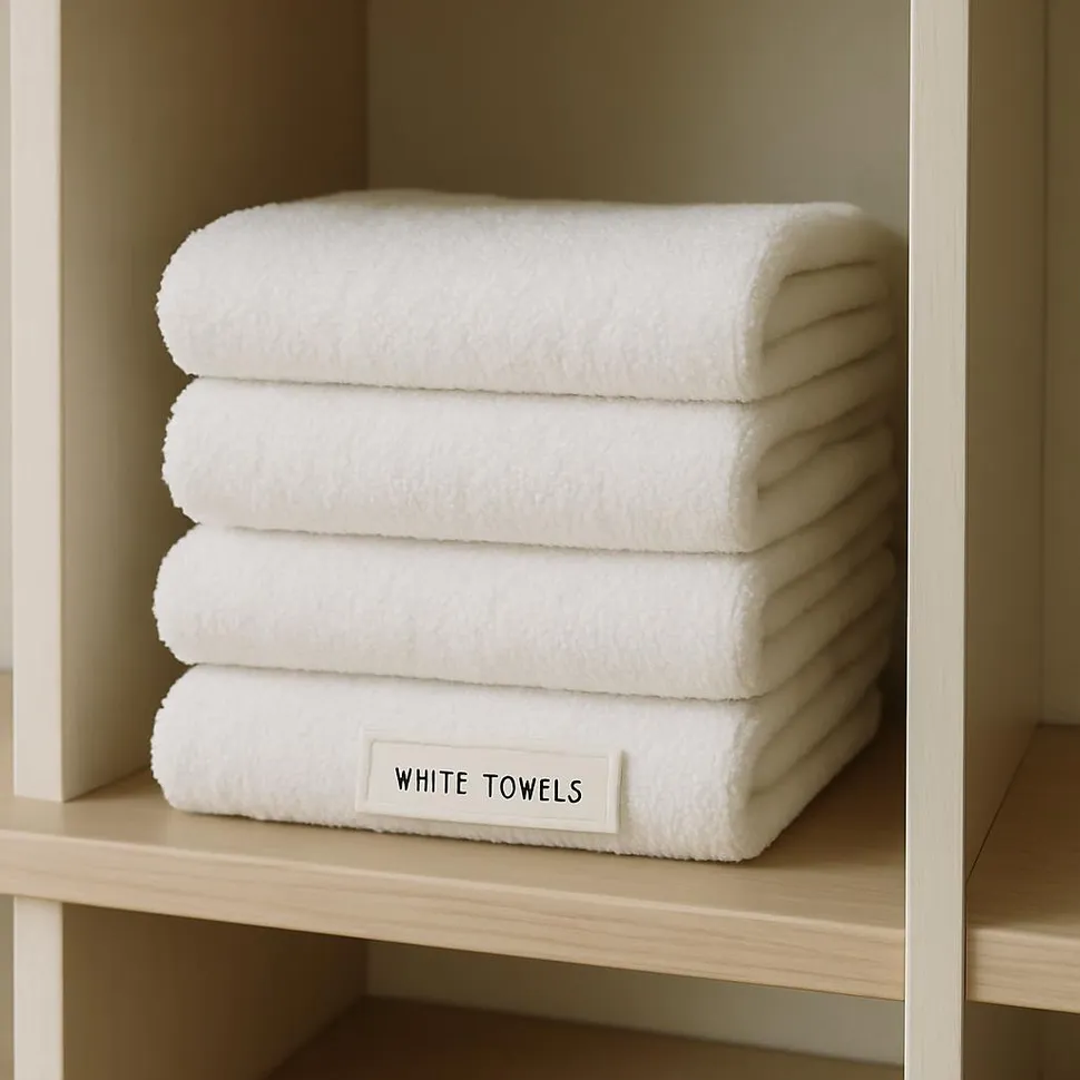 Stack of white towels with a label on a shelf divider
