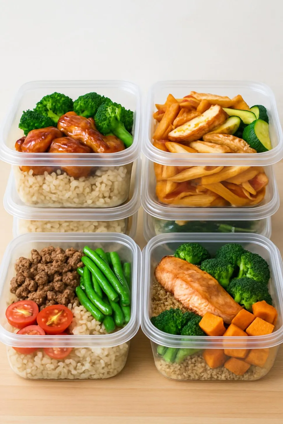 Stackable square containers filled with meals
