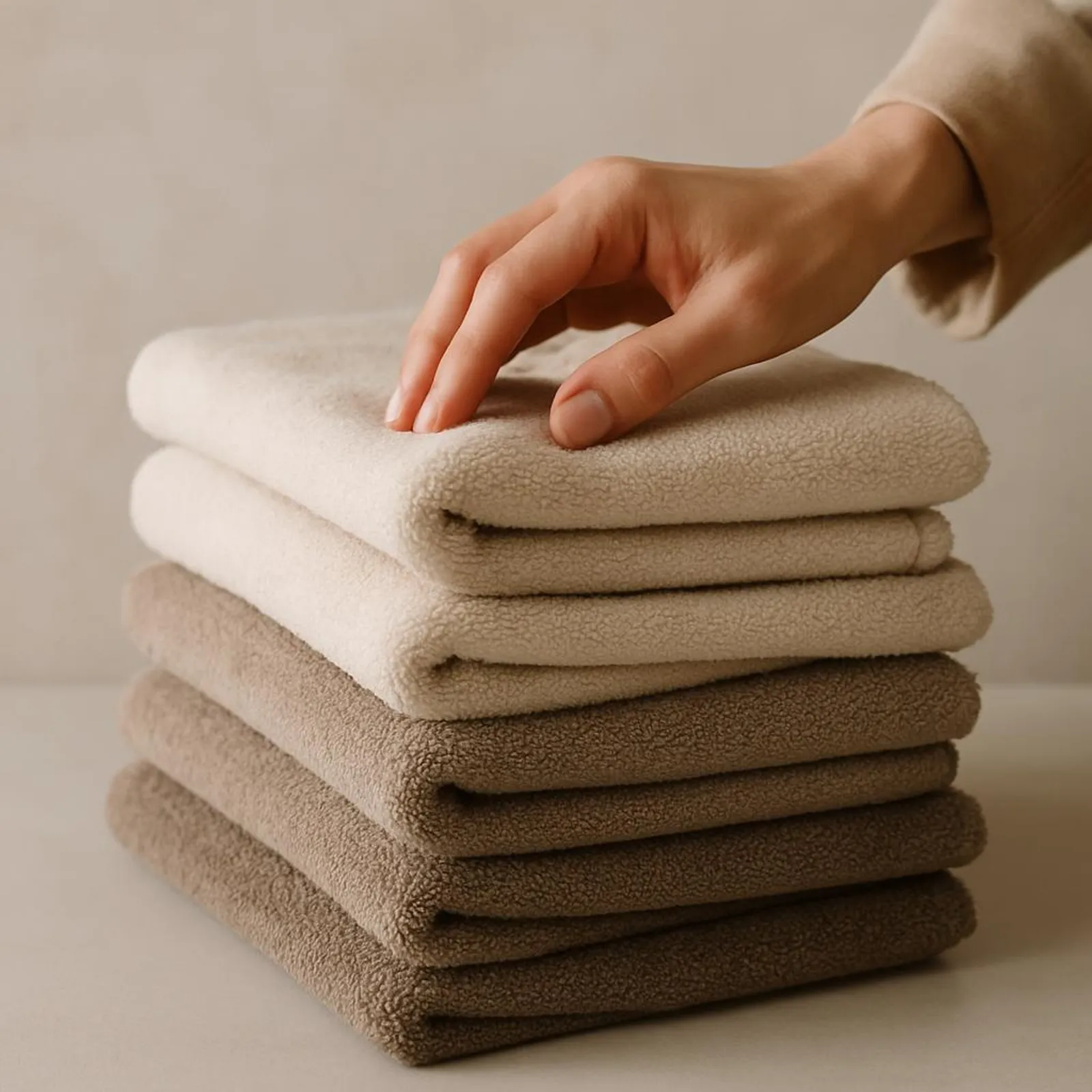 Stacked neutral towels with a hand gently adjusting the top towel