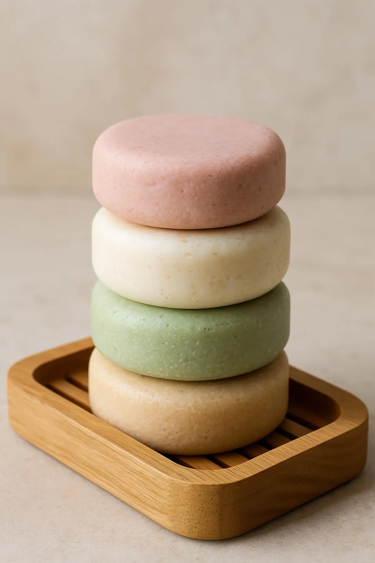 Stacked shampoo bars in soft colors on a wood soap dish