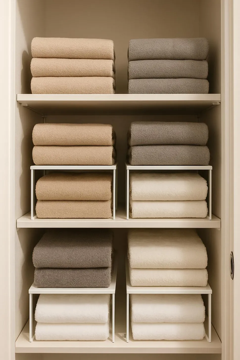 Stacked towels in a narrow closet using shelf risers