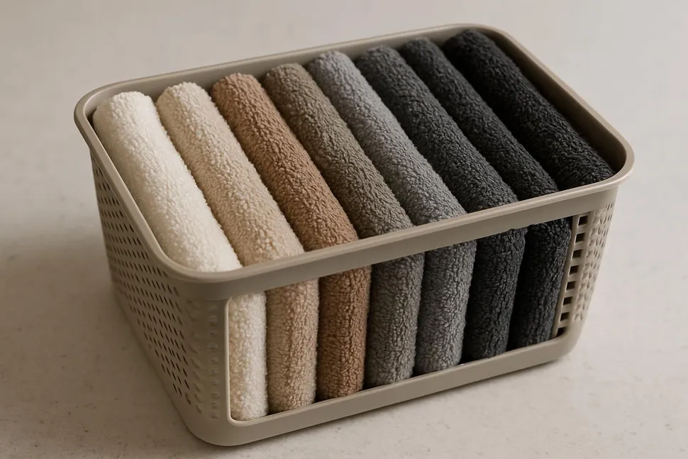 Stacked washcloths organized upright in a bin