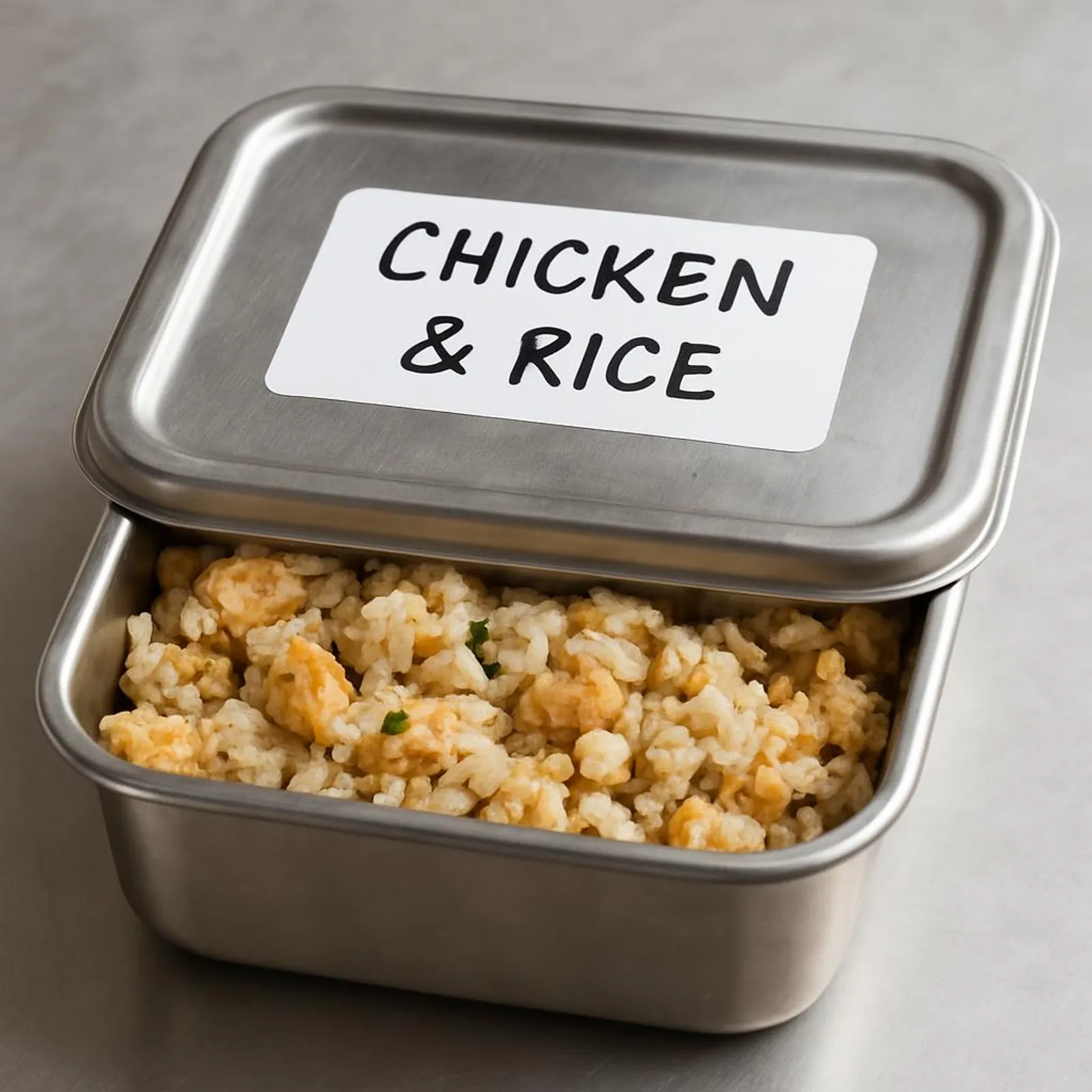 Stainless container filled with prepared food and labeled on the lid