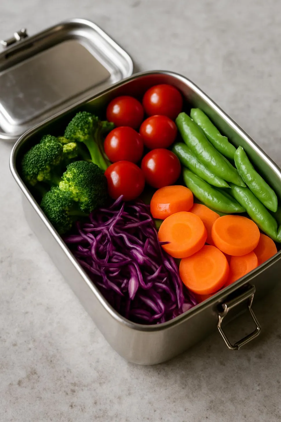Stainless steel bento box filled with colorful vegetables