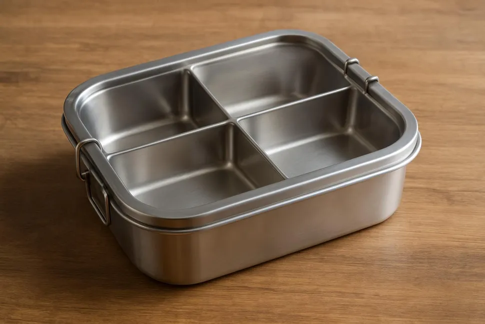Stainless steel bento-style lunch container on a wood surface
