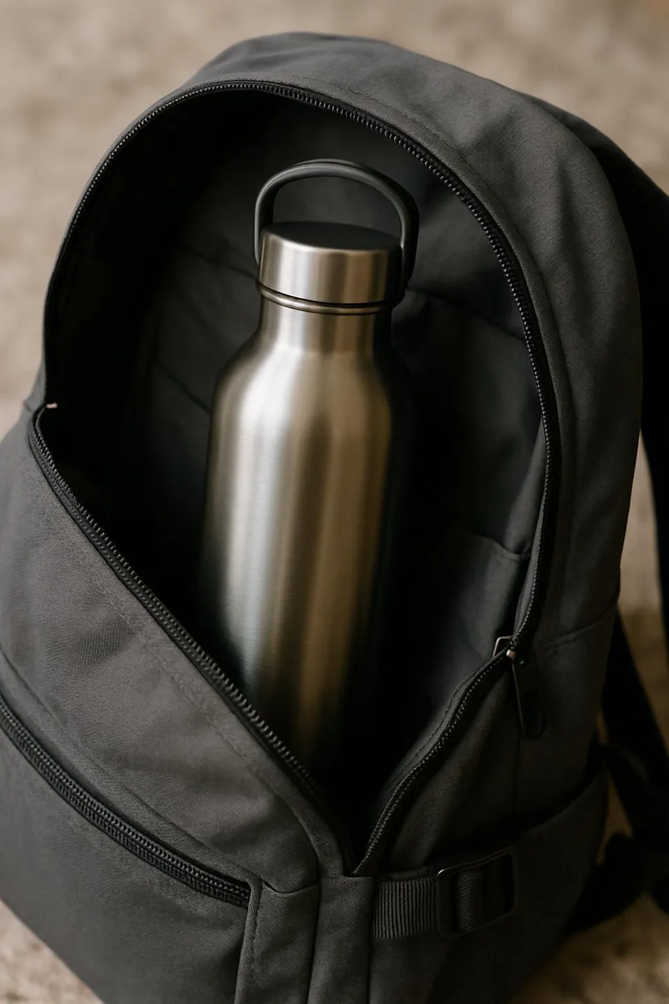 Stainless steel reusable water bottle in a backpack