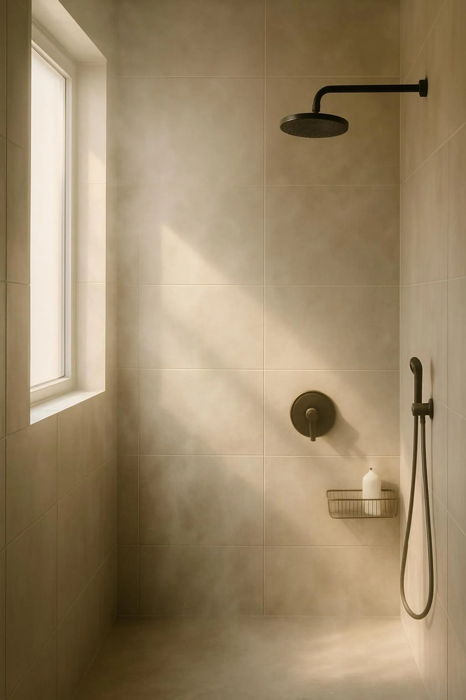 Steam rising in a minimal shower with soft morning light