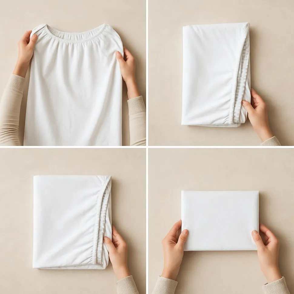 Step-by-step folding a fitted sheet into a rectangle
