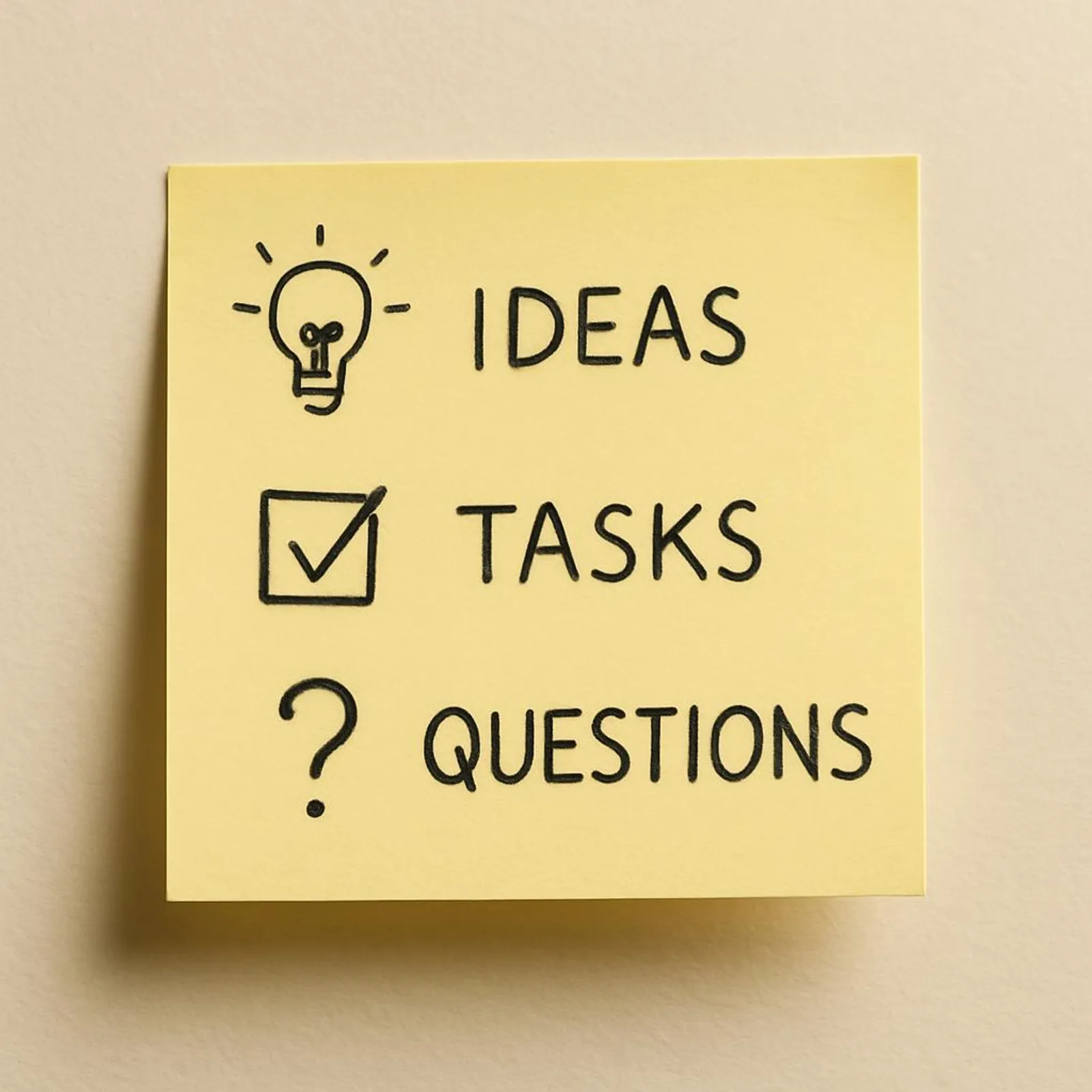 Sticky note bullets with symbols for ideas, tasks, questions