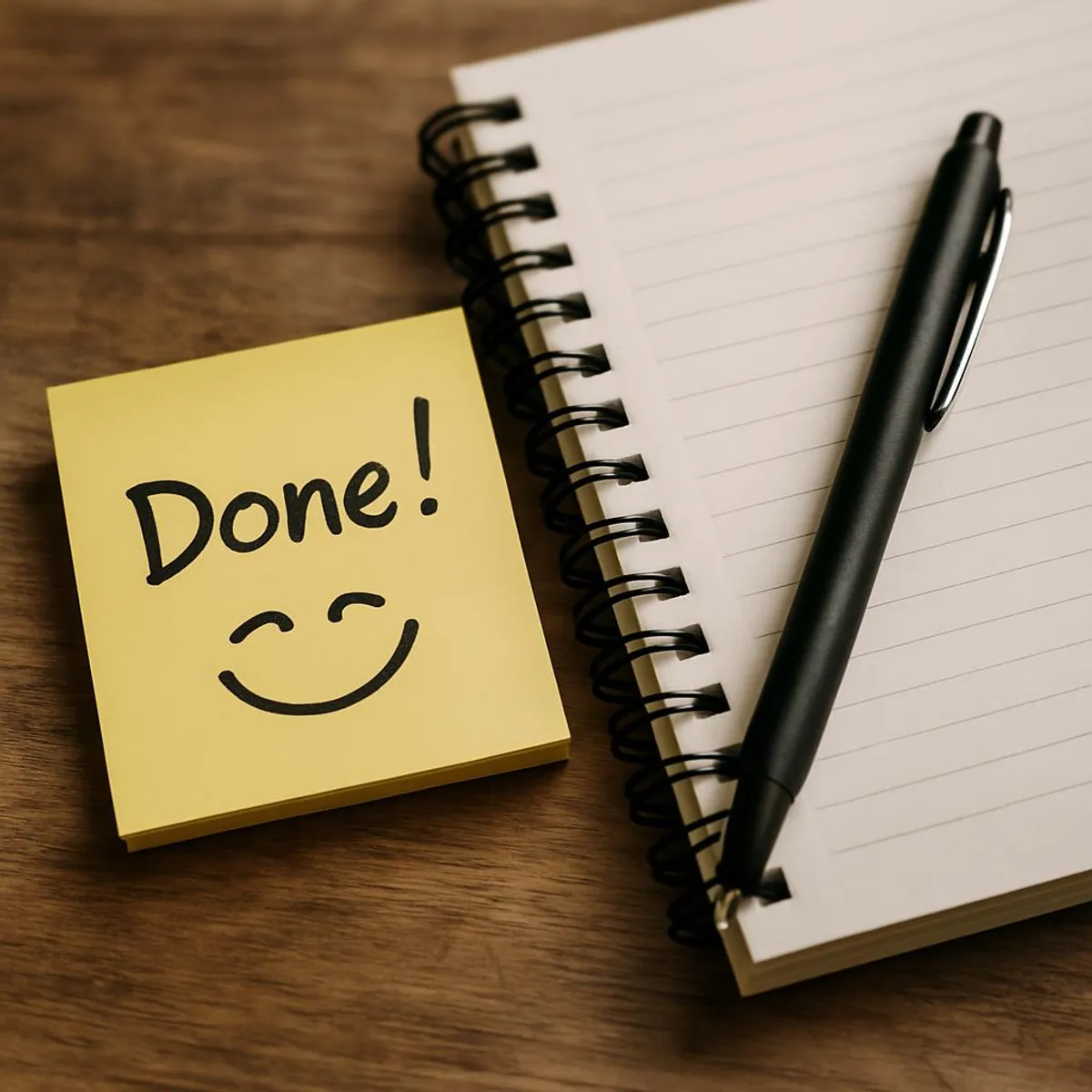 Sticky note reading Done! next to a notebook and pen—small win, big grin.