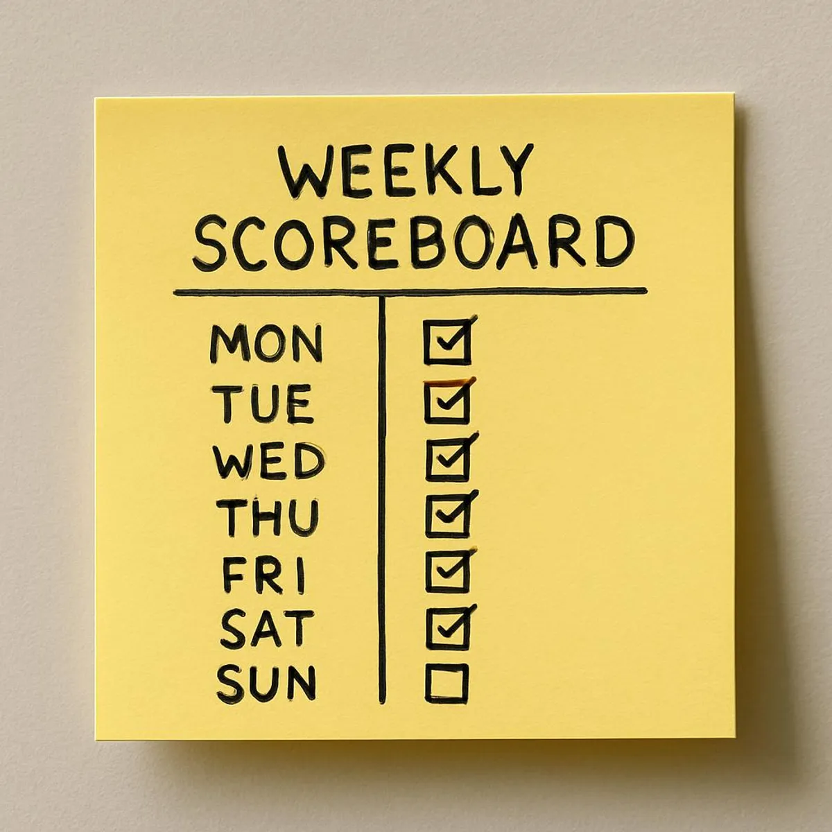 Sticky note with a simple weekly scoreboard and checkboxes
