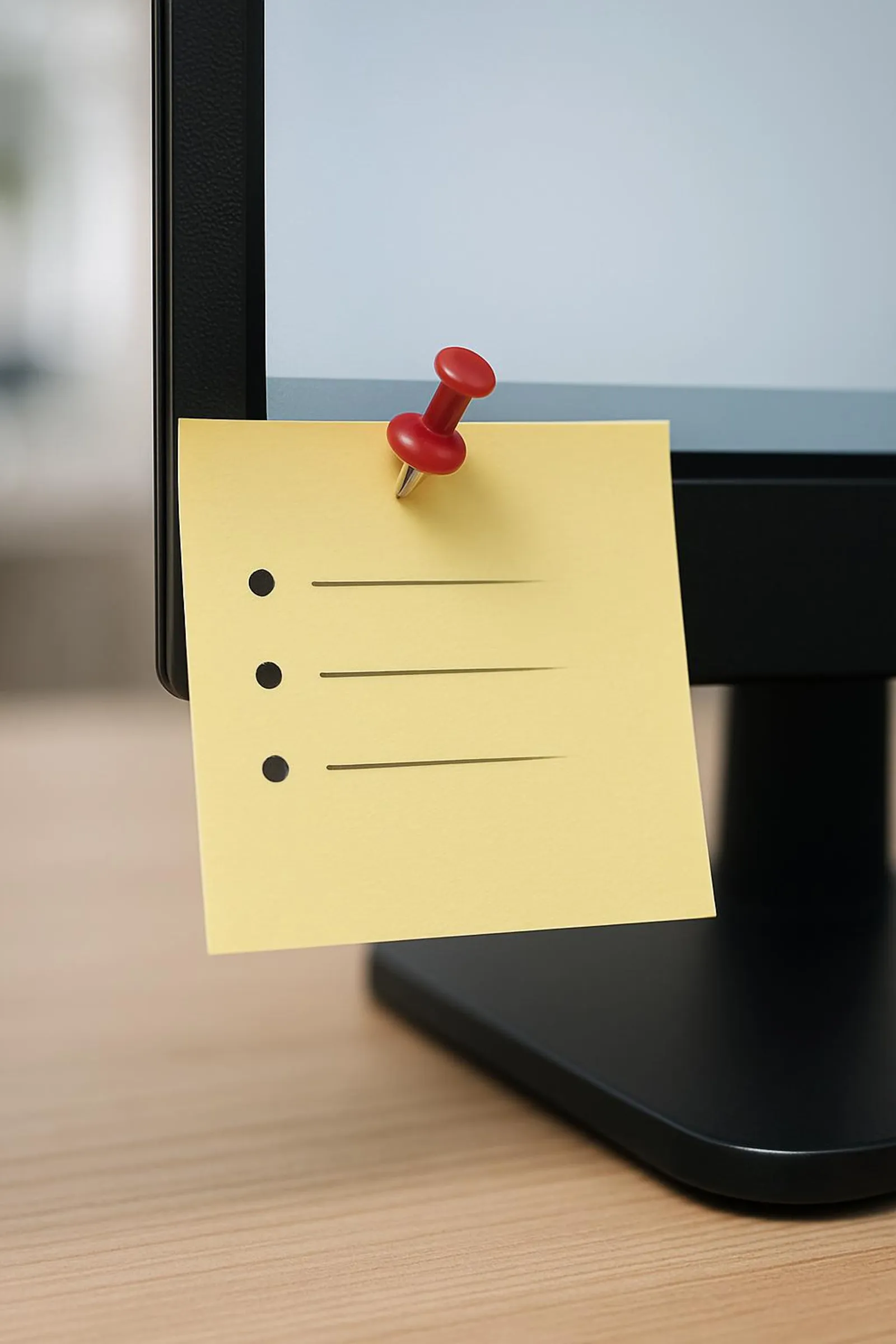 Sticky note with three bullet points pinned to a monitor