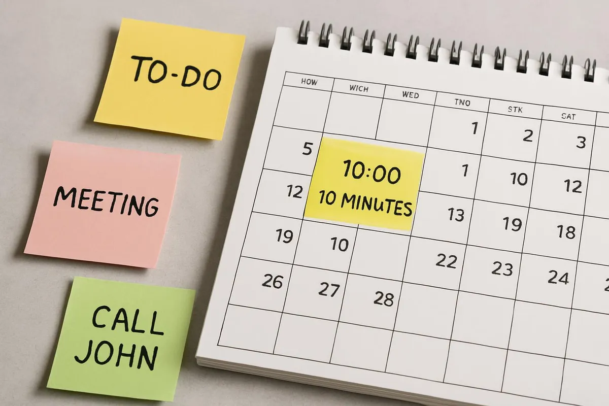 Sticky notes and a calendar with a daily 10-minute block highlighted
