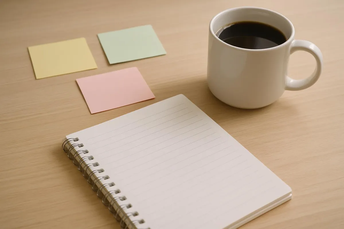 Sticky notes and a notepad on a tidy desk with a coffee mug
