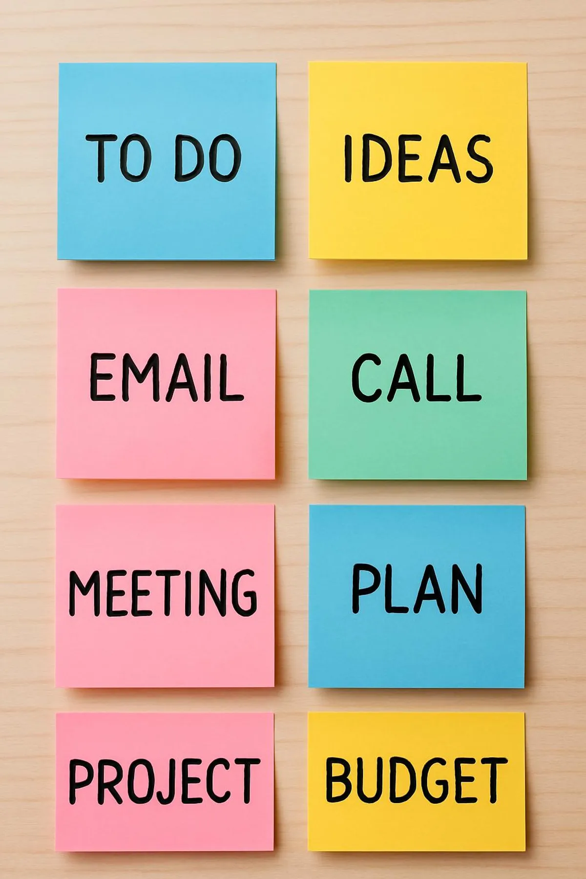 Sticky notes color-coded by category with simple labels