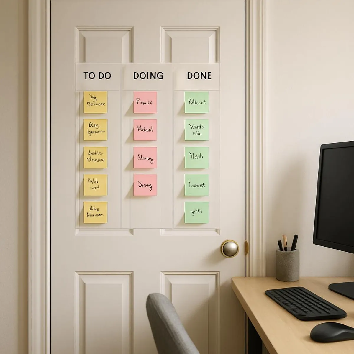 Sticky notes organized on a door, a personal Kanban board in a home office