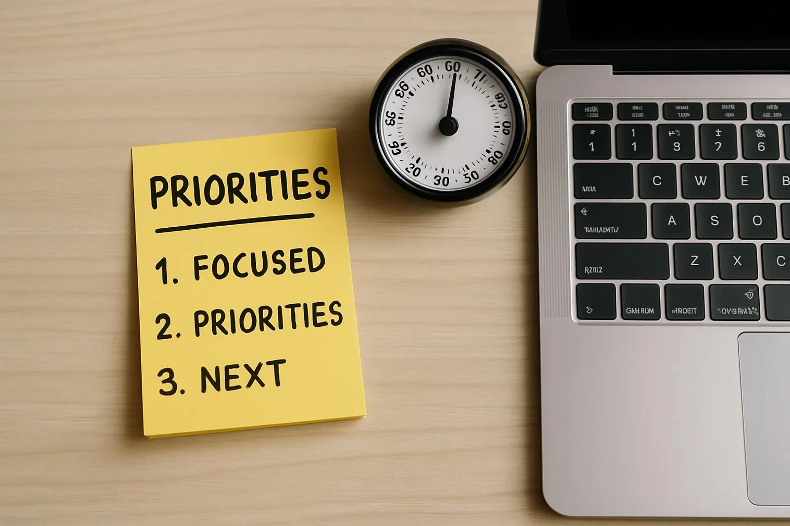 Sticky notes with focused priorities next to a laptop and a timer.