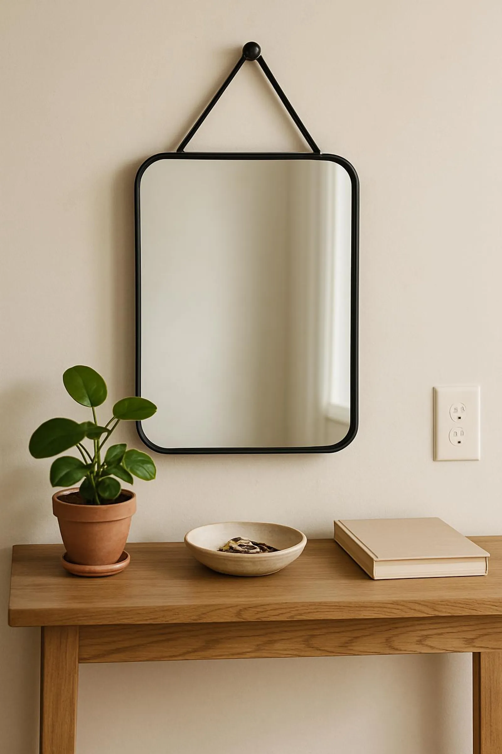 Styled entryway console with a mirror, key dish, and small plant