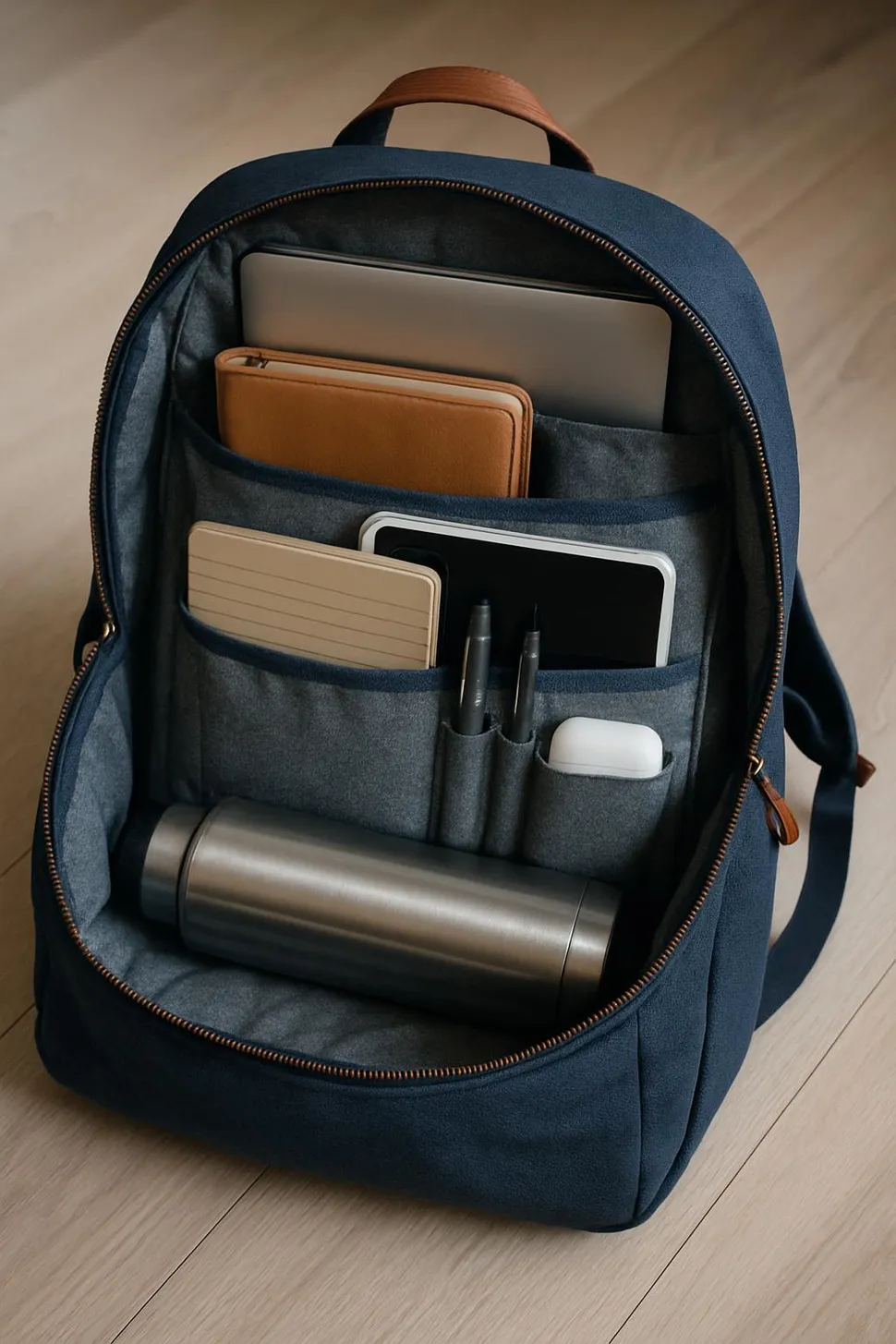Stylish backpack with organized content inside