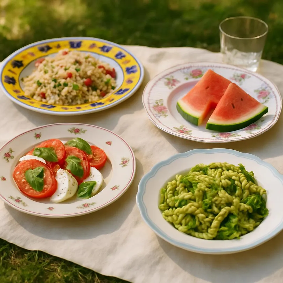 Stylish mismatched picnic plates at an outdoor summer gathering