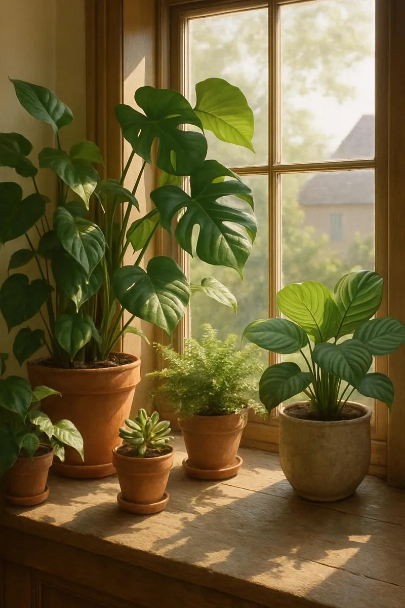 Sun-drenched windowsill filled with lush houseplants
