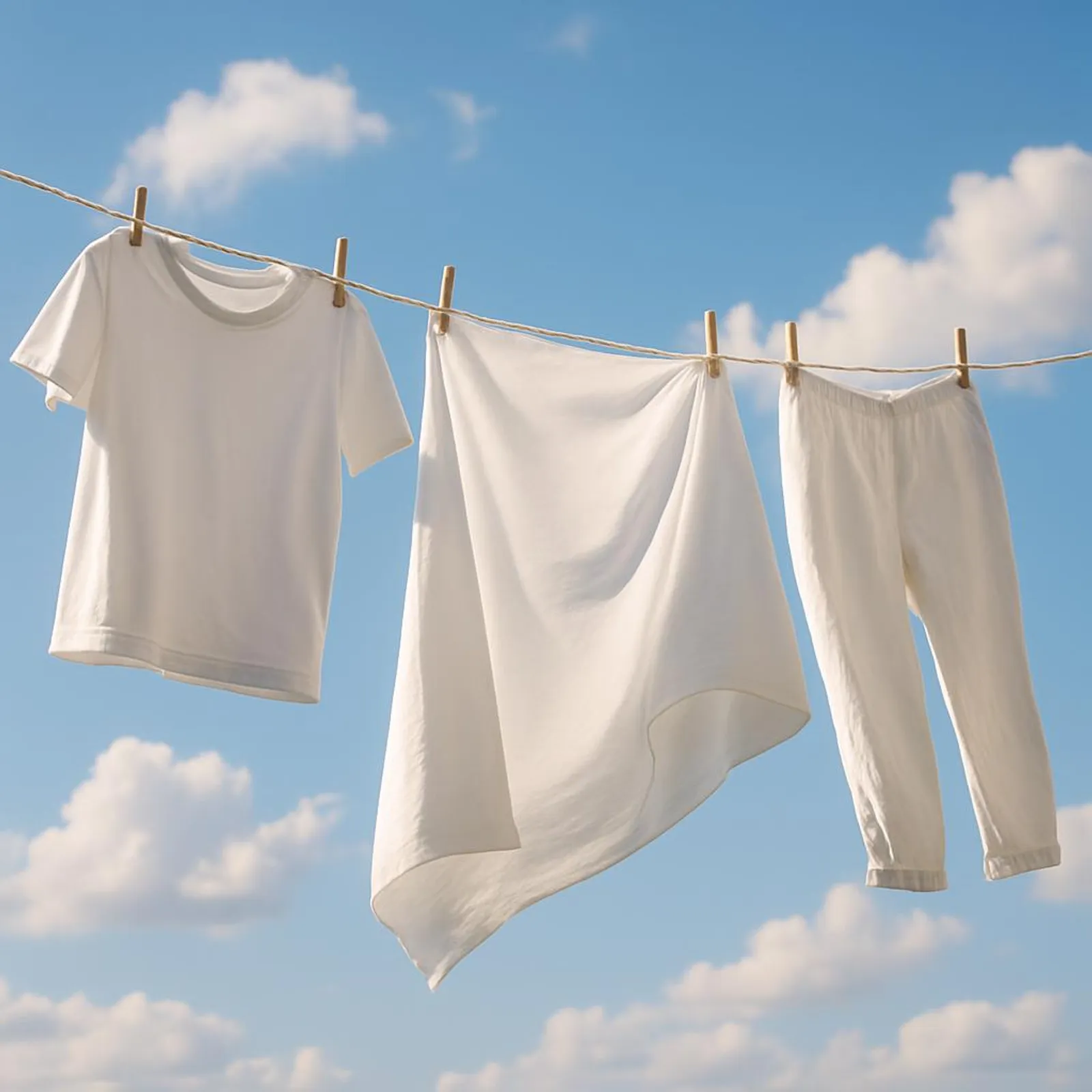 Sunlit clothesline with a simple breeze and blue sky