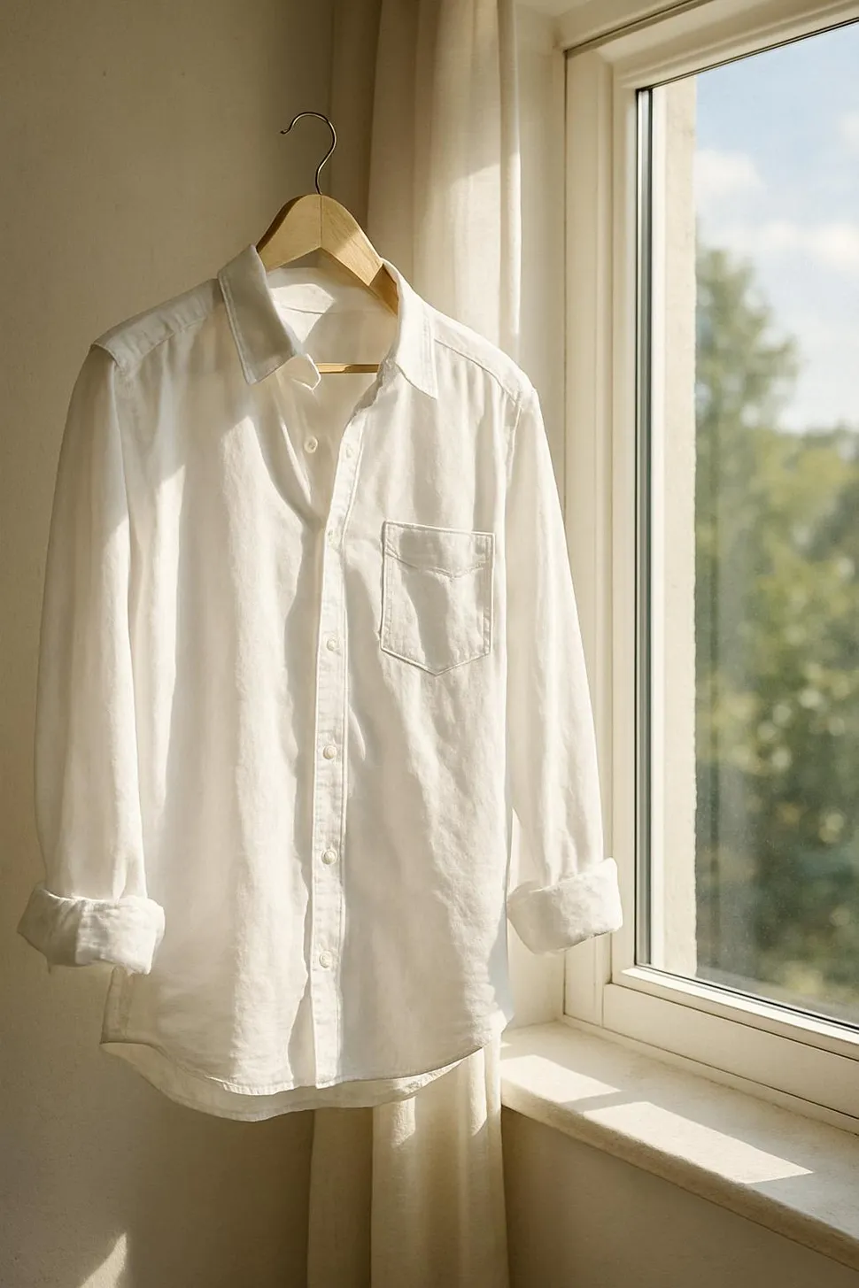 Sunlit white shirt hung on a wooden hanger near a window